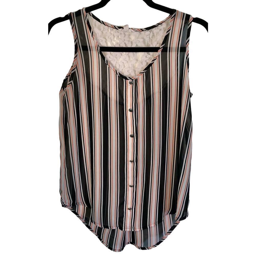 Mine Striped Sleeveless Flowy Blouse Lace Back Black White Pink Size Small
